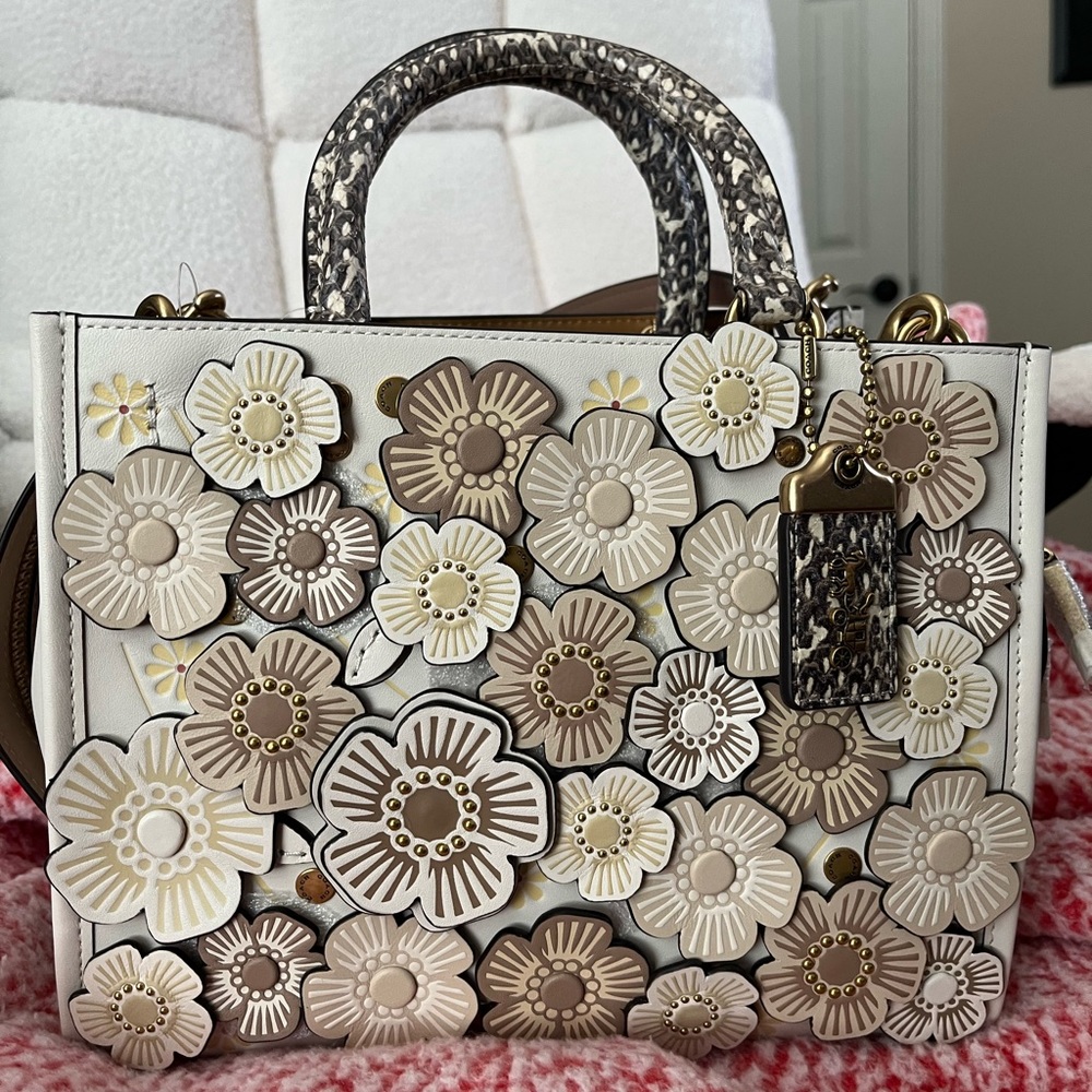 SOLD Coach Tea Rose Rogue 25 Tea Rose Leather Satchel Snakeskin Handle C8511